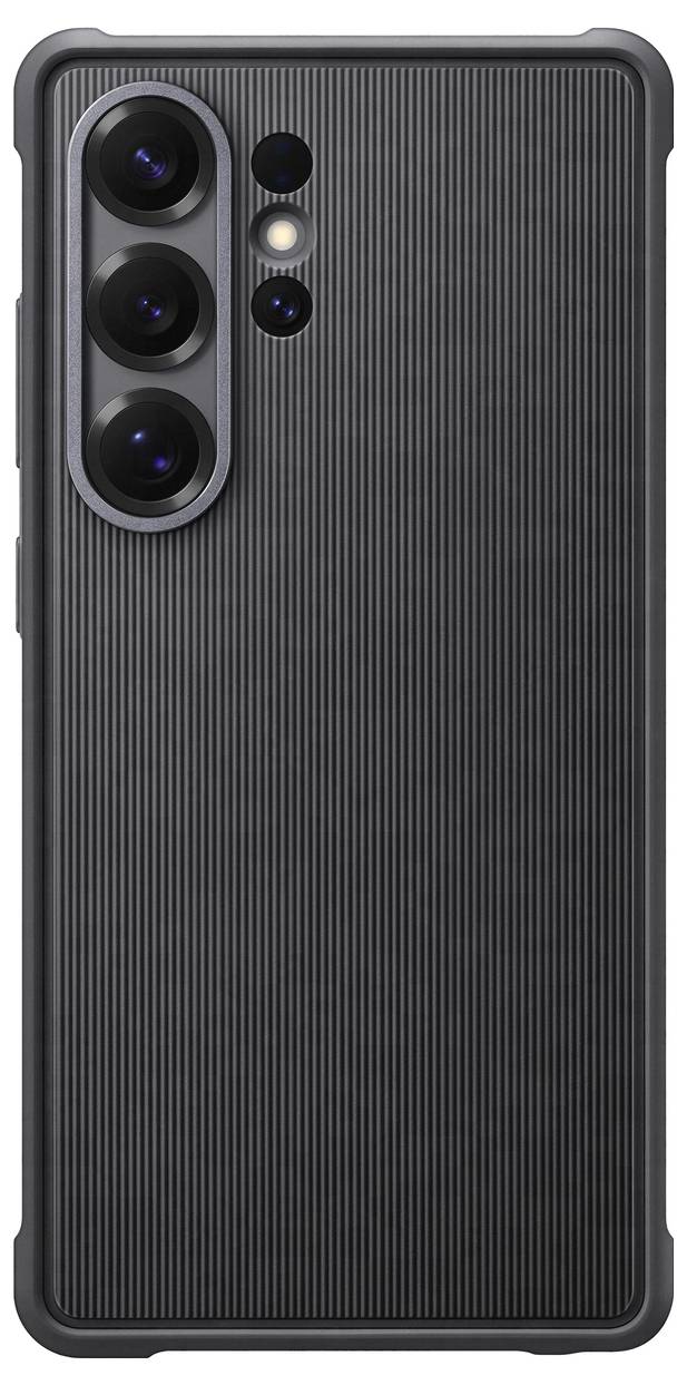 Ein schwarzes Smartphone mit drei Kameralinsen in einer vertikalen Linie auf der Rückseite und einem strukturierten Gehäuse.