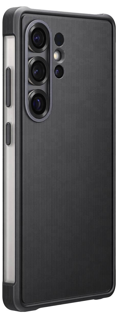 Ein schwarzes Smartphone in einer Schutzhülle mit drei Kameraobjektiven auf der Rückseite ist abgebildet.