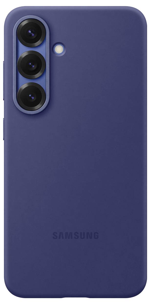 Ein Smartphone mit einer blauen Hülle und drei vertikal ausgerichteten Kameralinsen auf der Rückseite.