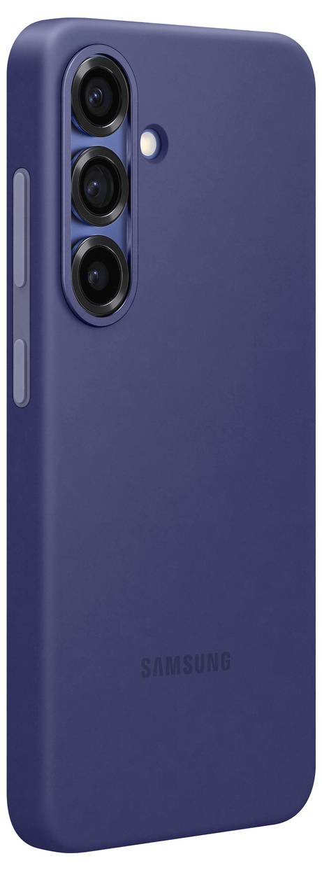 Ein blaues Smartphone mit drei Kameralinsen auf der Rückseite, vertikal angeordnet, und dem Samsung-Logo unten.