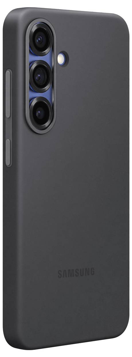 Schwarzes Smartphone mit drei vertikalen Kameralinsen und einem Blitz auf der Rückseite. Samsung-Logo unten.