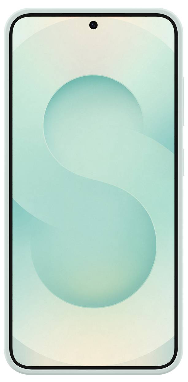 Smartphone mit fullscreen Display und kreisförmigem Kameraloch oben in der Mitte, hellblauer Hintergrund mit geschwungenem Muster.