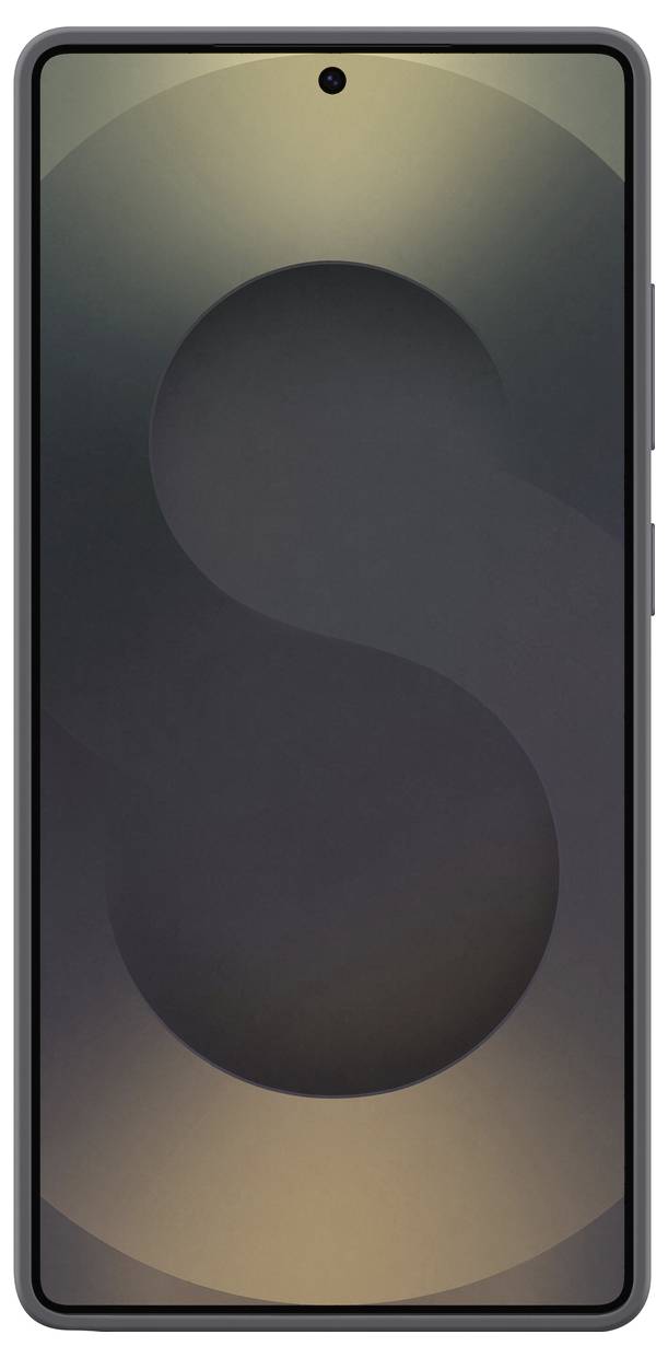 Smartphone mit Display, schwarzem Rahmen und zentrierter Kamera im oberen Bereich. Hintergrund zeigt ein großes, dunkles 'S'.