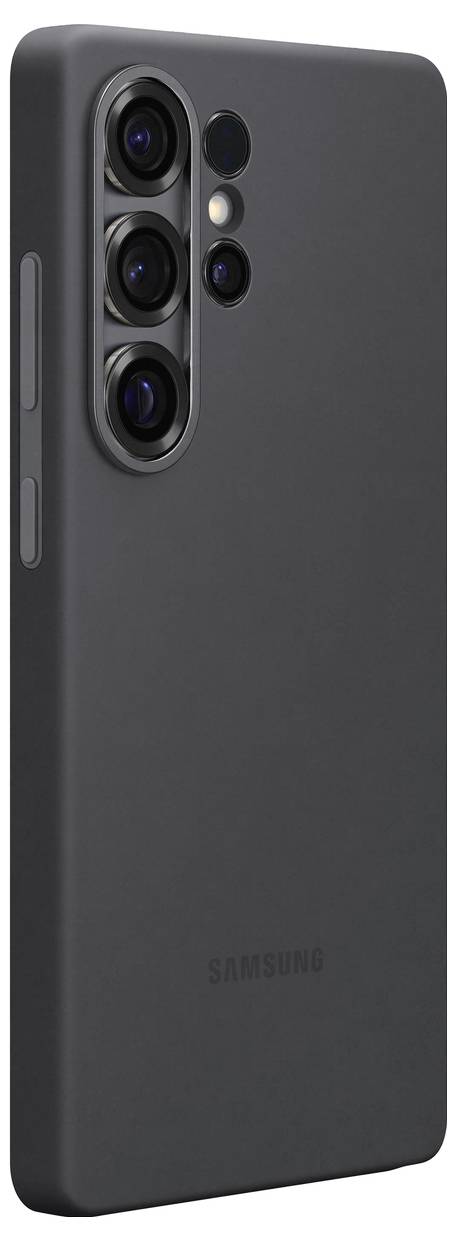 Smartphone mit grauer Hülle, Rückansicht. Drei Kameralinsen und ein LED-Blitz sichtbar.