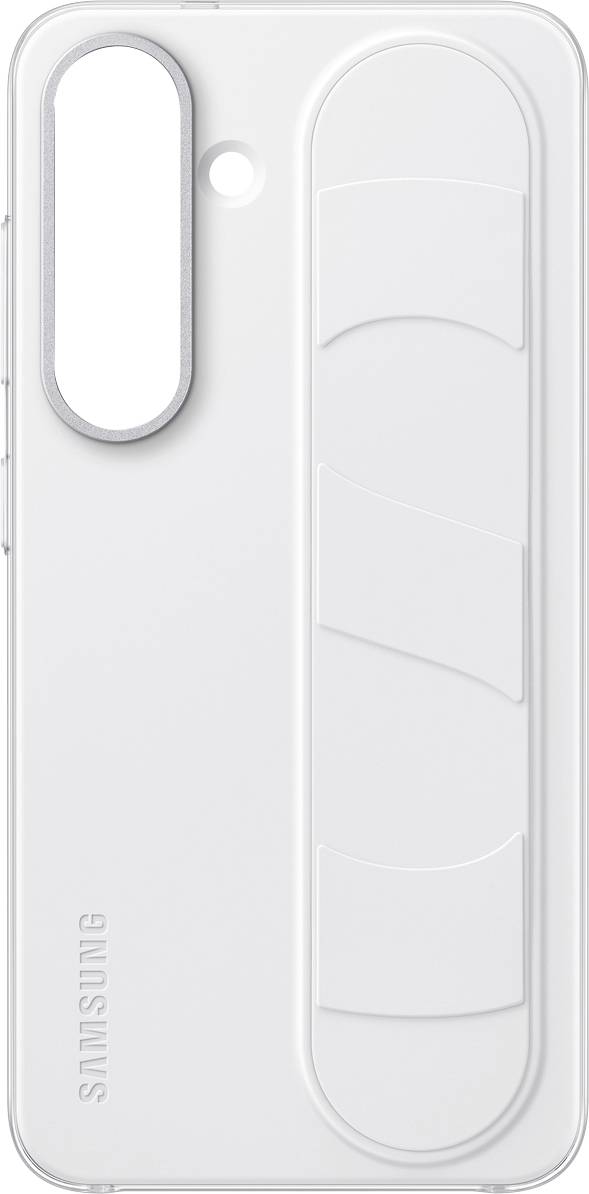 Ein weißes Smartphone-Rückcover von Samsung mit strukturierter Oberfläche und Kameramodul-Aussparung auf der linken Seite.