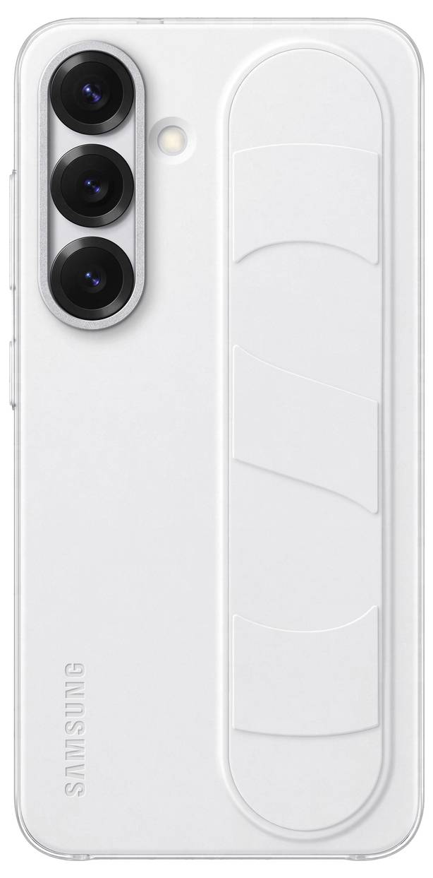 Rückseite eines weißen Smartphones mit drei Kameralinsen und einem vertikalen Streifenmuster rechts neben den Linsen.