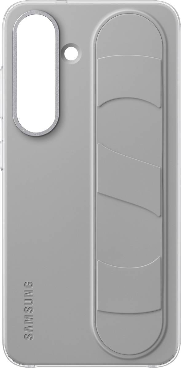 Graues Samsung-Handycase mit ausklappbarem Ständer und Kameraloch, bietet Schutz und Funktionalität für Mobilgeräte.