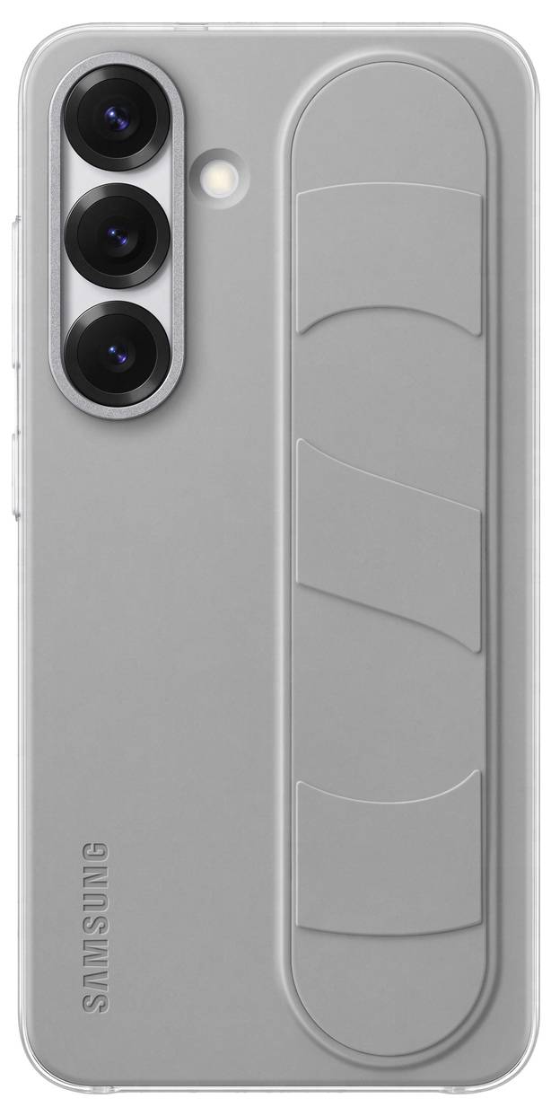 Smartphone-Rückseite in grauer Schutzhülle mit drei Kameralinsen vertikal angeordnet oben links und Logo unten links.