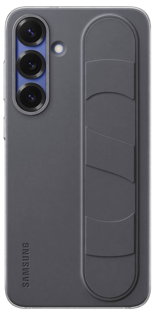 Samsung-Smartphone mit grauer Rückseite, drei Kameralinsen oben links und einem vertikalen Griff in der Mitte.