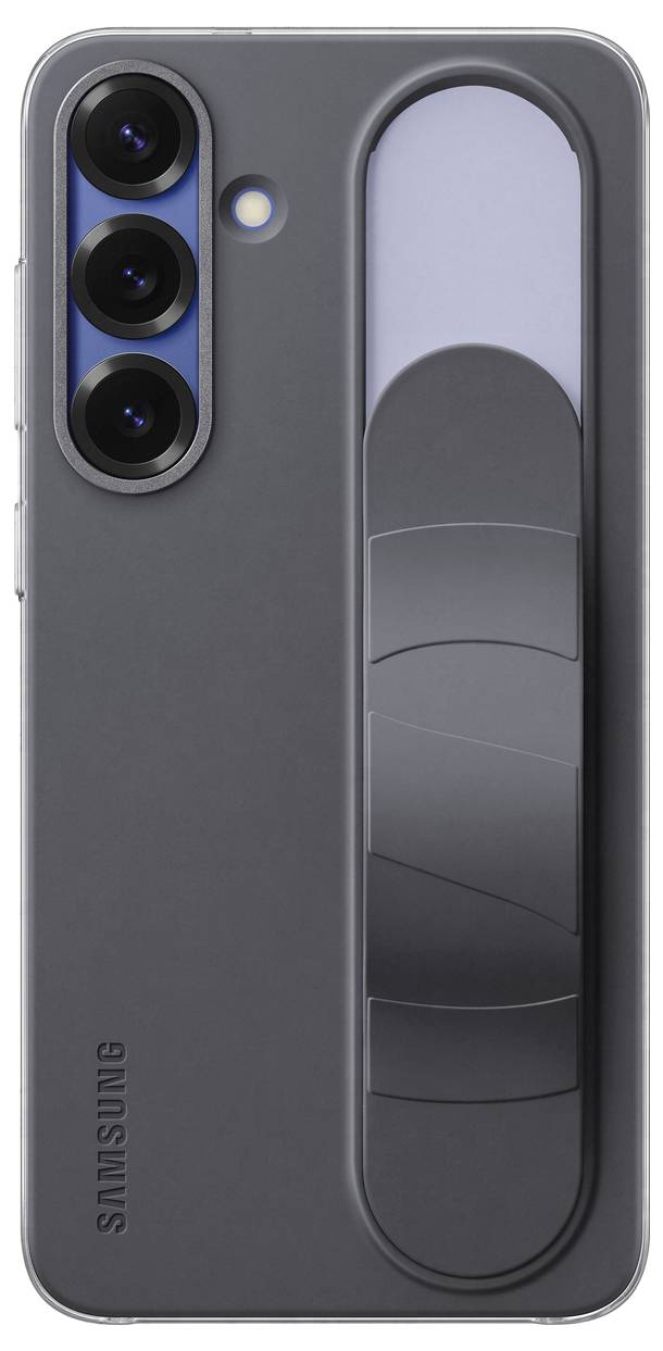 Ein schwarzes Smartphone mit drei Kameralinsen und einem länglichen Griff auf der Rückseite. Markenname unten.