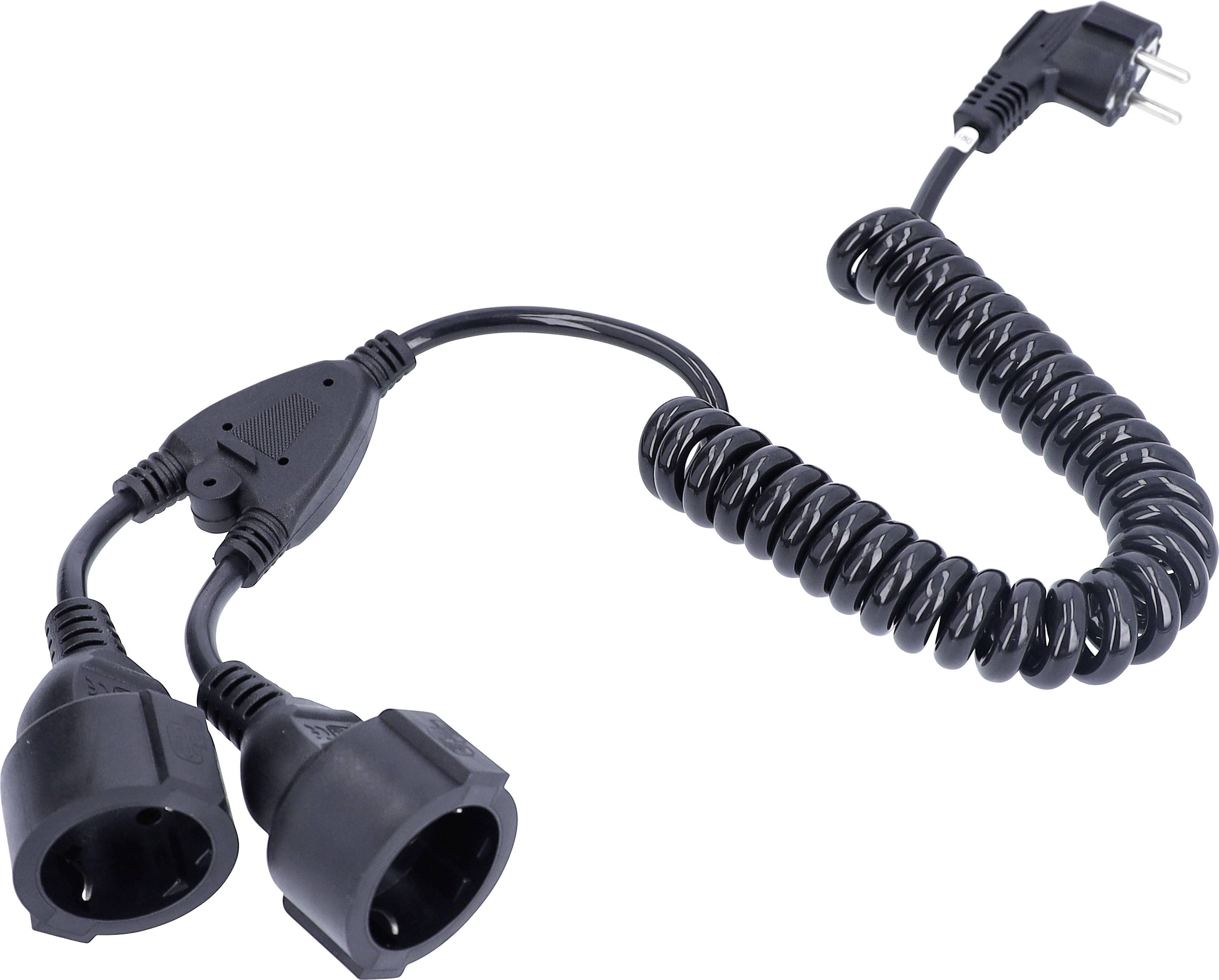 Ein schwarzes Spiralkabel mit einem Schukostecker und zwei Kupplungen.
