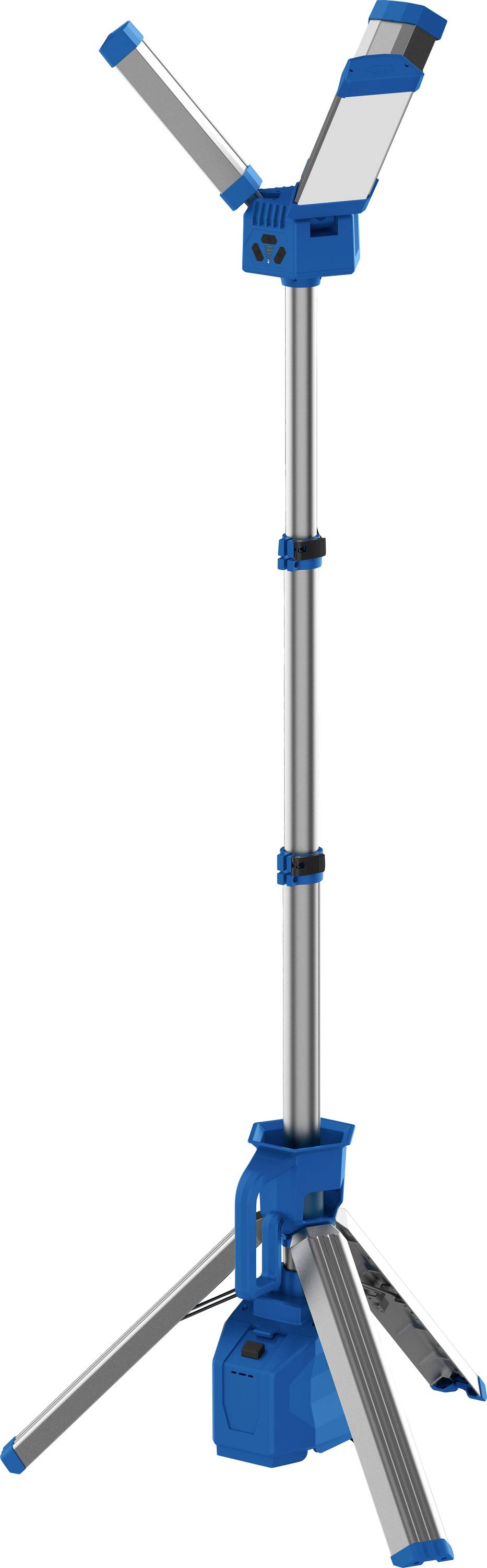 Ein tragbares, ausklappbares Baustellenlicht mit drei Armen auf einem stabilen Stativ. Die blaue und silberne Lampe steht aufrecht.