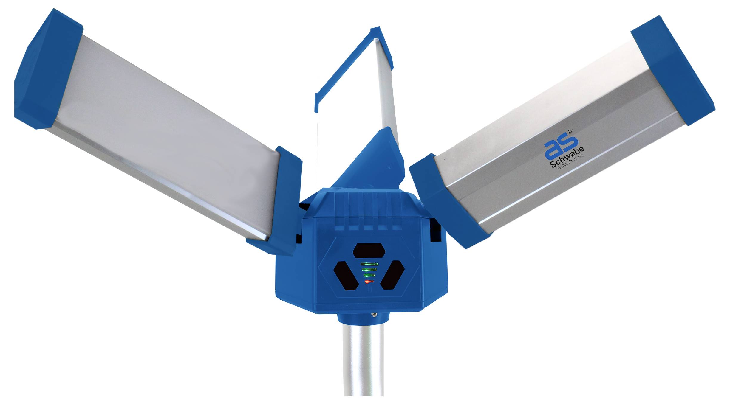 Eine blaue und silberne LED-Lampe mit drei ausklappbaren Leuchtelementen. Hergestellt von der Firma AS Schwabe, an einer Stange montiert.