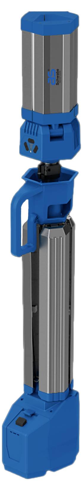 Ein silber-blauer tragbarer Staubsauger mit Griff, kompakt zusammengeklappt.