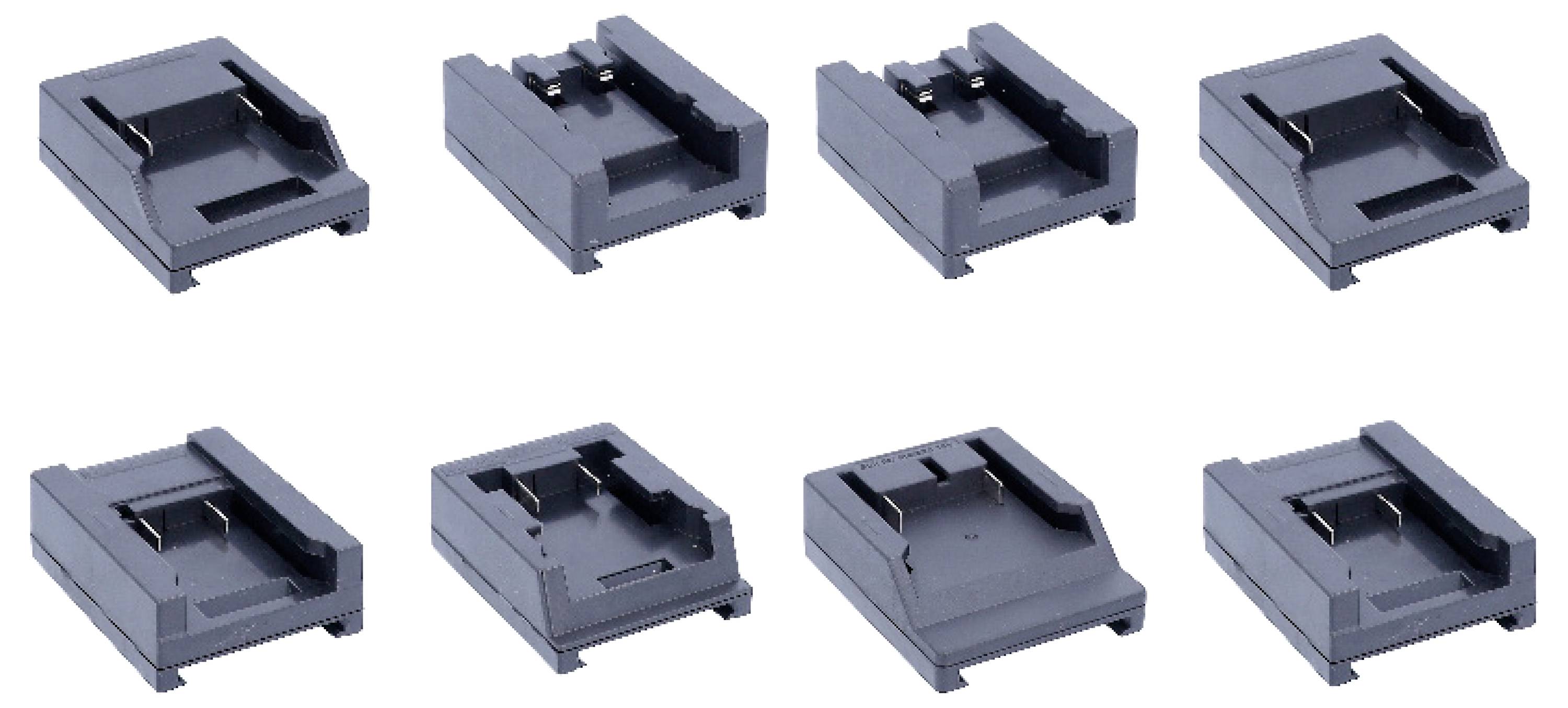 Acht schwarze, elektronische Steckverbindungen in zwei Reihen angeordnet. Jede Verbindung hat ähnliche Form und Größe.