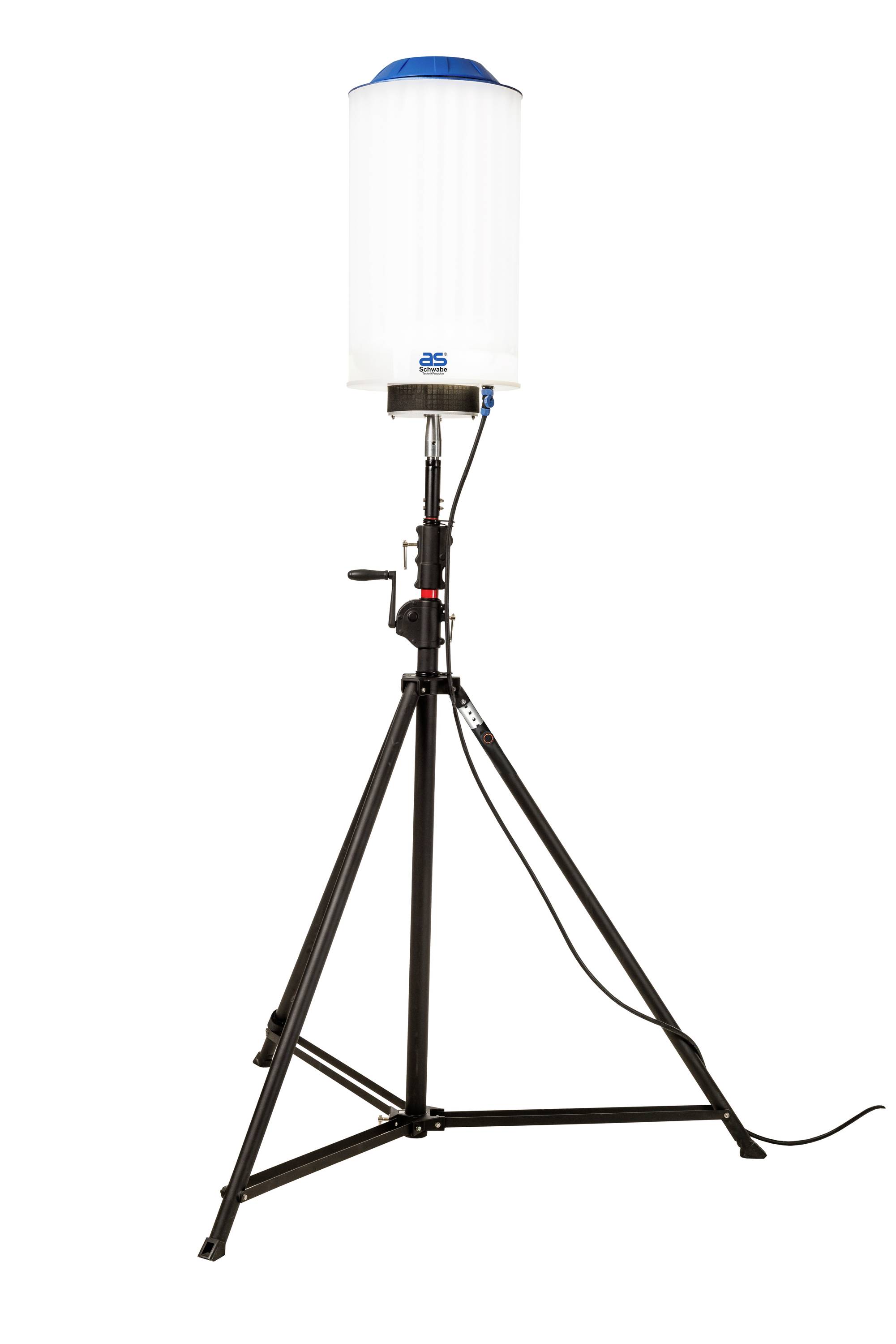Ein Studiolicht auf einem Stativ mit einem großen, zylindrischen, weißen Diffusor und blauer Oberseite. Das Licht befindet sich in aufrechter Position.