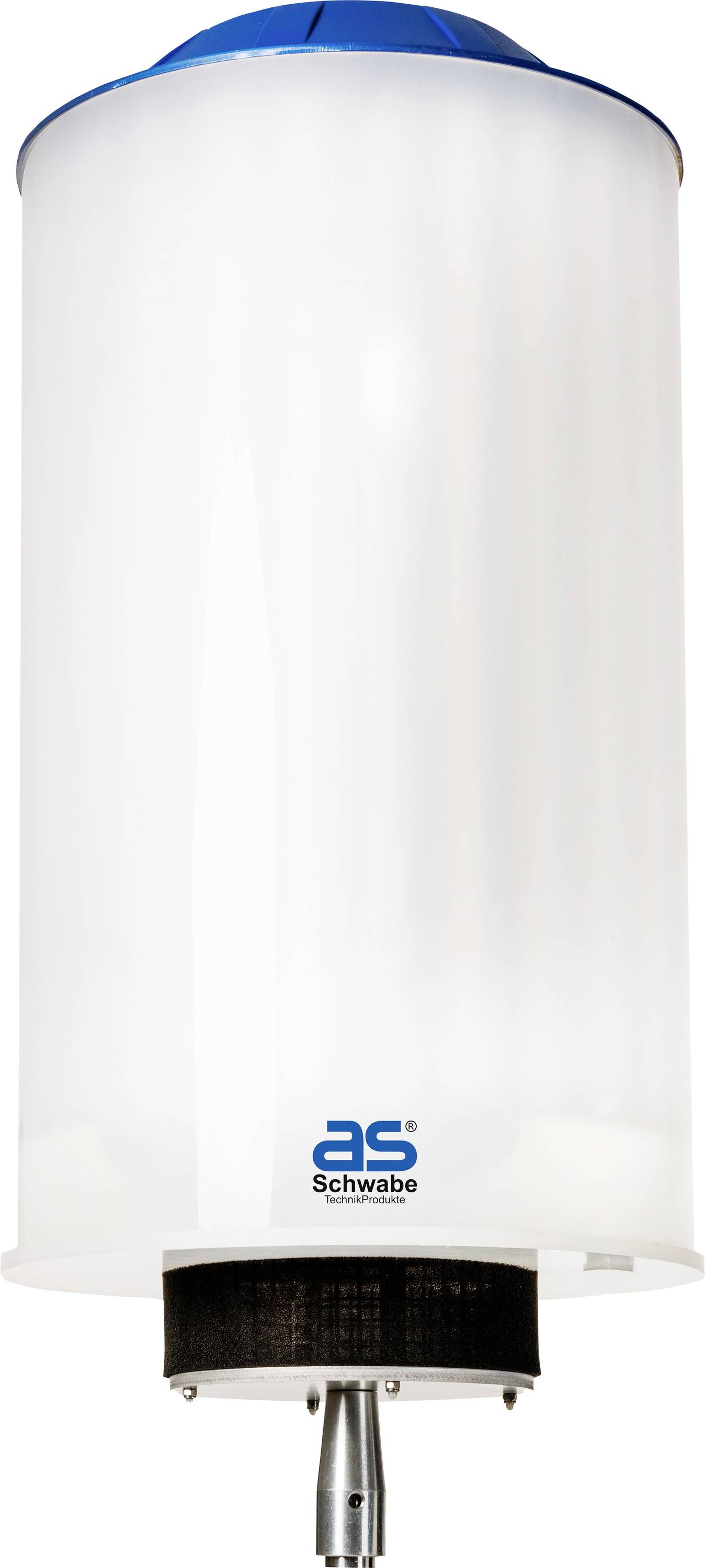 Zylindrische, blendfreie LED-Leuchte mit blauem Deckel und Logo 'as Schwabe', geeignet für Baustellenbeleuchtung.