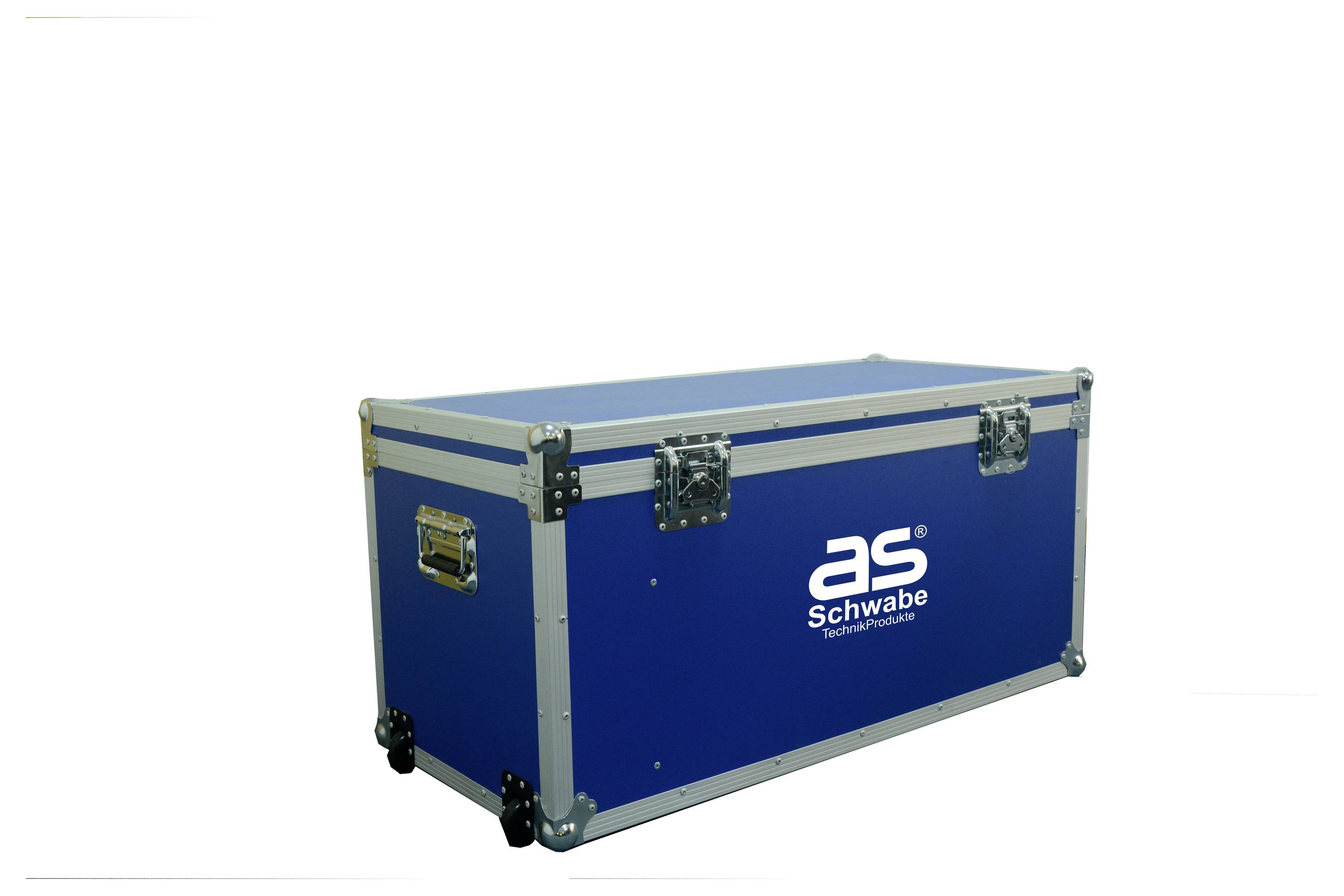 Großer blauer Transportkoffer mit silbernen Kanten und Griffen, 