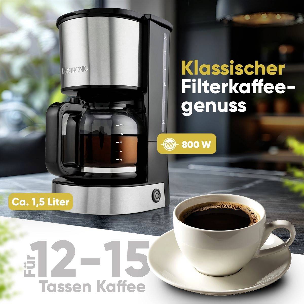 Kaffeemaschine mit Glaskanne, 1,5 Liter Kapazität, 800 W. Text: 'Klassischer Filterkaffeegenuss', 'Für 12-15 Tassen Kaffee'.