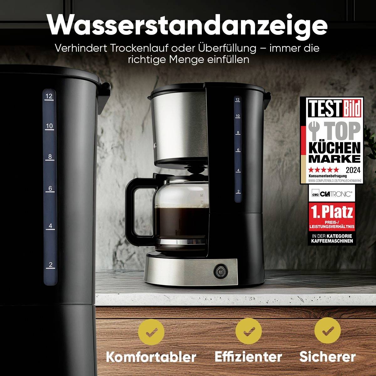 Kaffeemaschine mit Wasserstandanzeige, verhindert Trockenlauf. Testbild-Auszeichnung mit Platz 1 in der Kategorie Kaffeemaschinen.