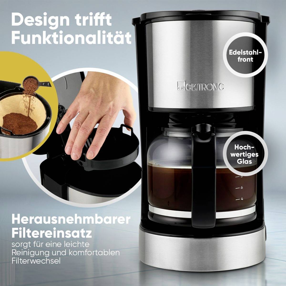 'Design trifft Funktionalität': Kaffeemaschine mit Edelstahlfront und Glaskanne. Herausnehmbarer Filtereinsatz für einfache Reinigung.