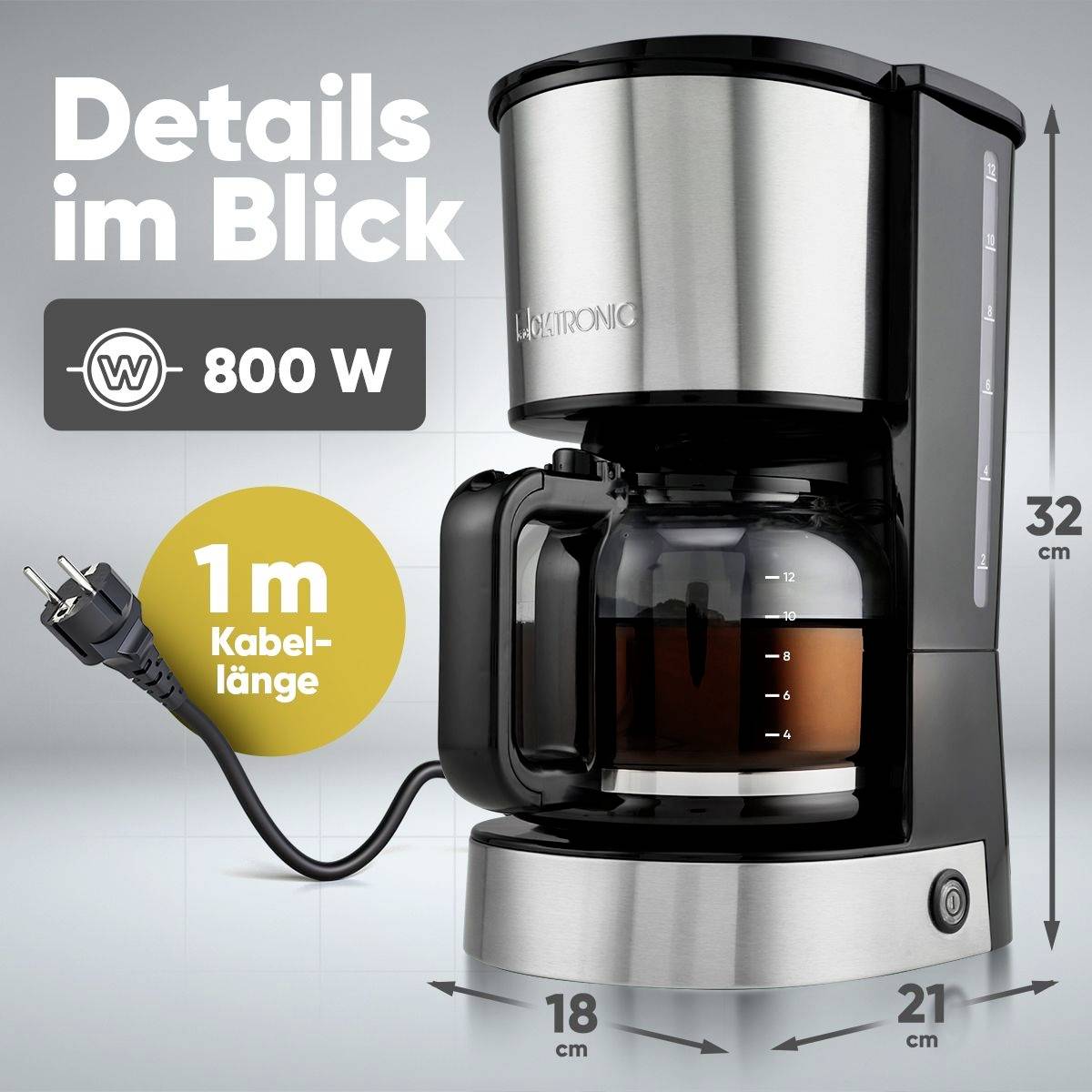 'Details im Blick': Schwarze und silberne Kaffeemaschine mit 800 W Leistung, 1m Kabellänge. Maße: 32 cm hoch, 29 cm tief, 18 cm breit.