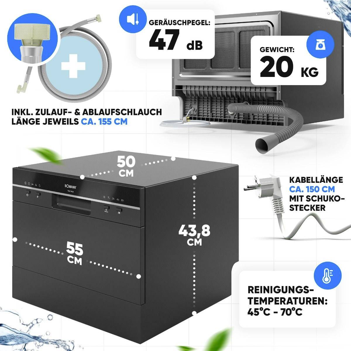 Bomann TSG 7405 Tisch-Geschirrspüler 550 mm EEK: D (A - G) Standgerät Schwarz