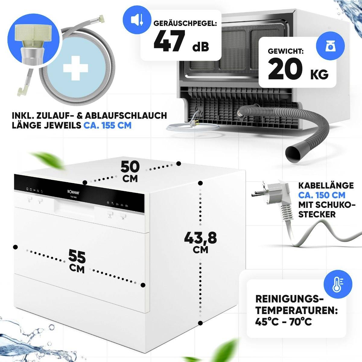 Bomann TSG 7405 Tisch-Geschirrspüler 550 mm EEK: D (A - G) Standgerät Weiß