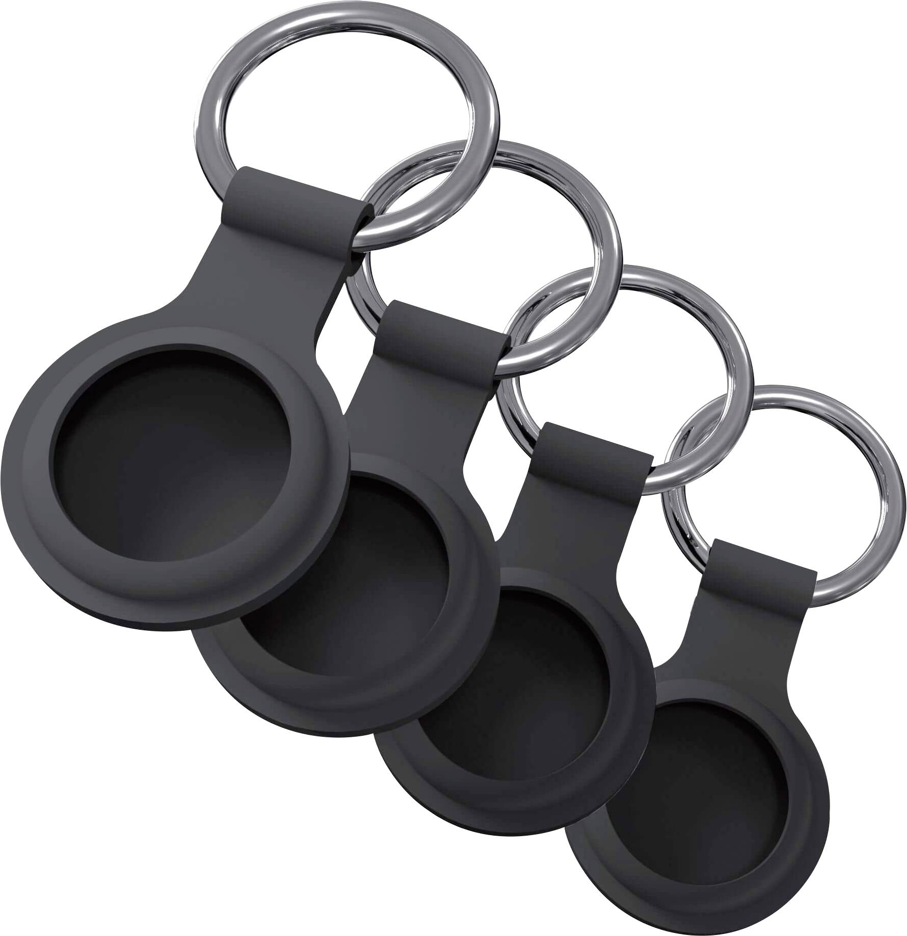Vier schwarze Schlüsselanhänger in einer Reihe, abgerundetes Design mit jeweils einem großen Ring, geeignet für den Transport von kleinen Gegenständen.