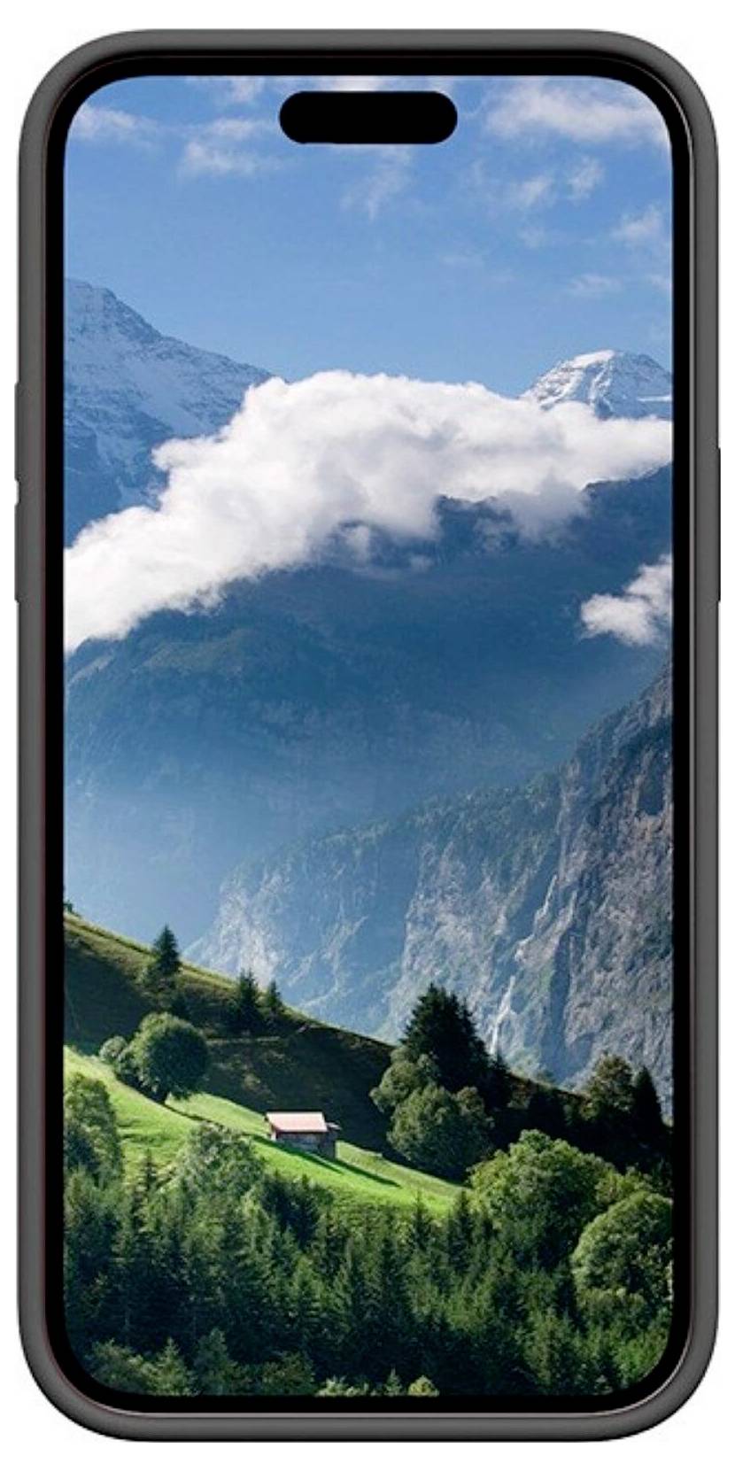 Ein Smartphone mit einem Bild eines Berges, Wolken und einer grünen Landschaft auf dem Bildschirm.