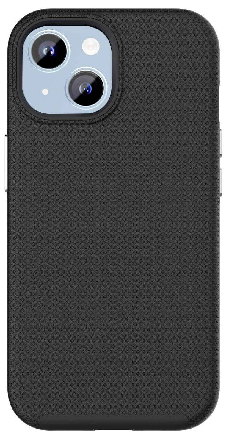 Ein Smartphone mit schwarzer Schutzhülle, zwei Kameras und einem Blitz auf der Rückseite.