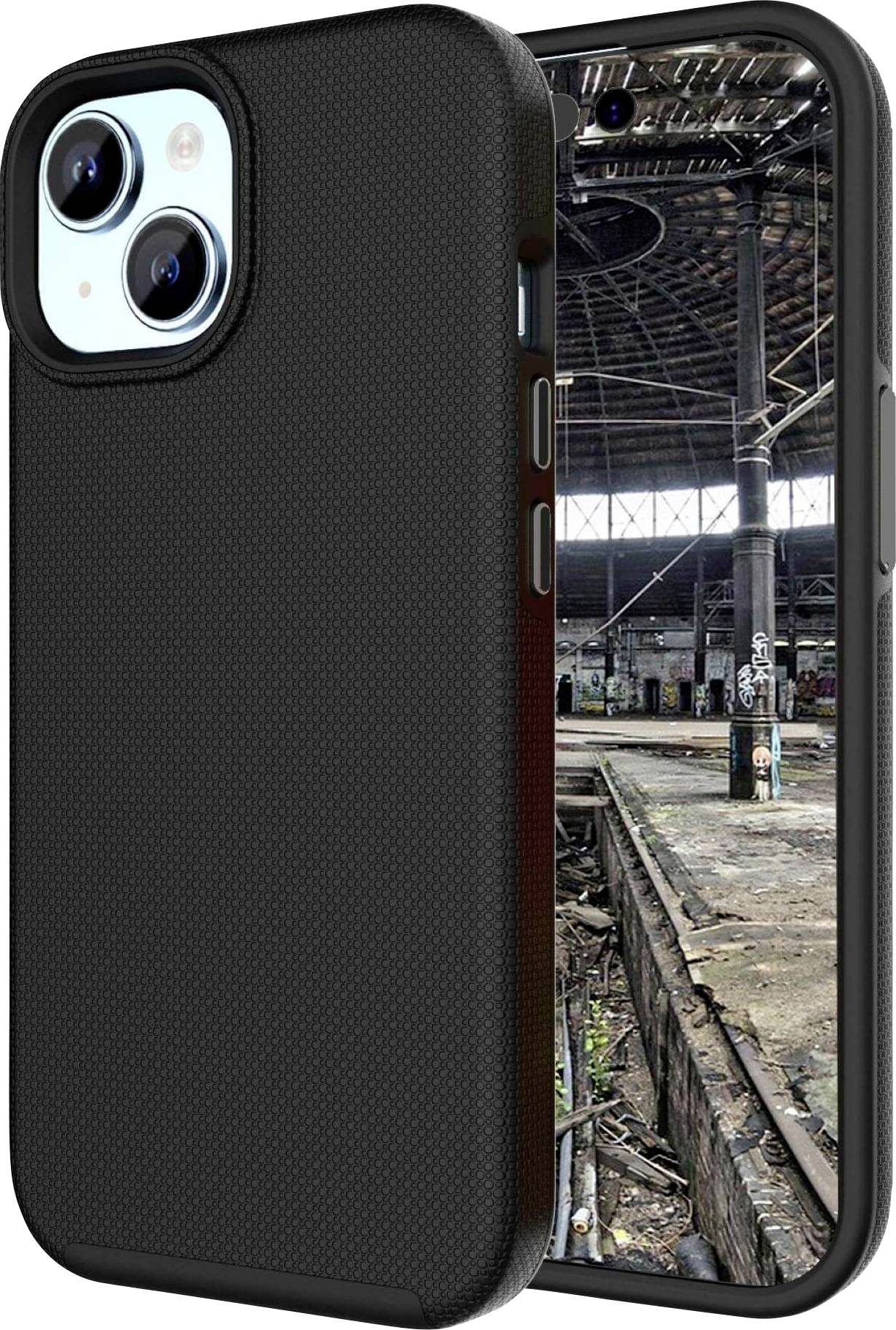 Eine schwarze Smartphone-Schutzhülle wird von vorne und hinten gezeigt. Im Hintergrund ist eine verlassene Lagerhalle sichtbar.