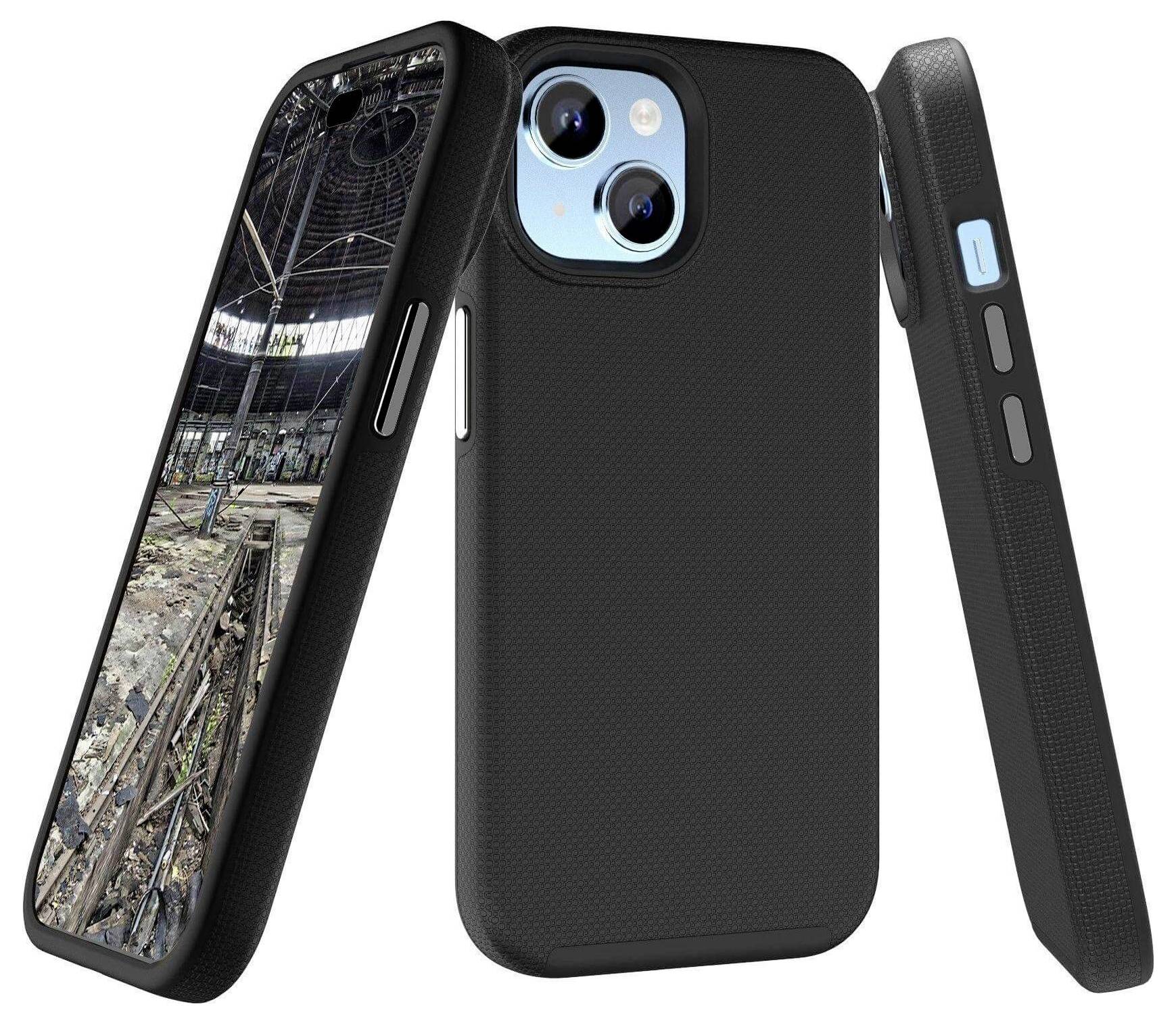 Schwarze Smartphone-Schutzhülle, dreifach dargestellt: vordere Ansicht mit einem Bild eines verfallenen Gebäudes auf dem Display, Rückseite und seitliche Ansicht mit Tasten.