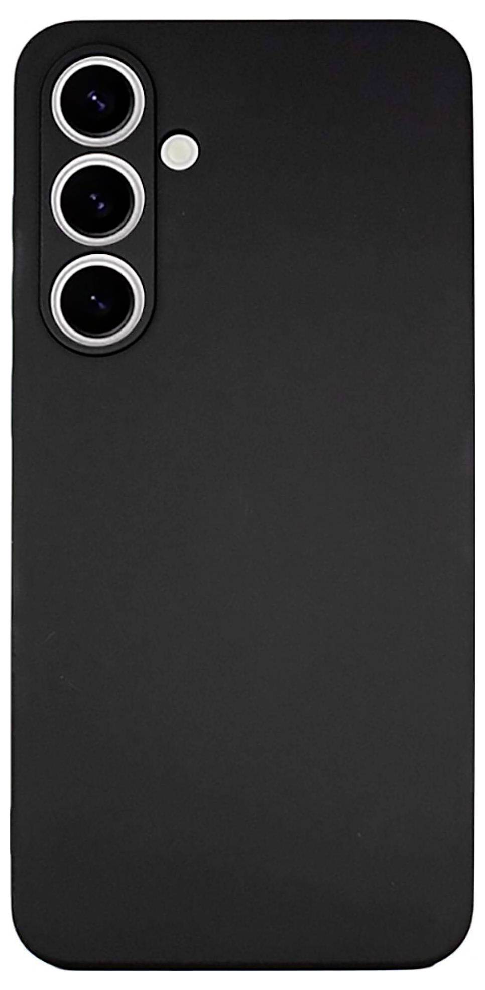 Ein schwarzes Smartphone von hinten, zeigt drei Kameralinsen und einen Blitz in der oberen linken Ecke.