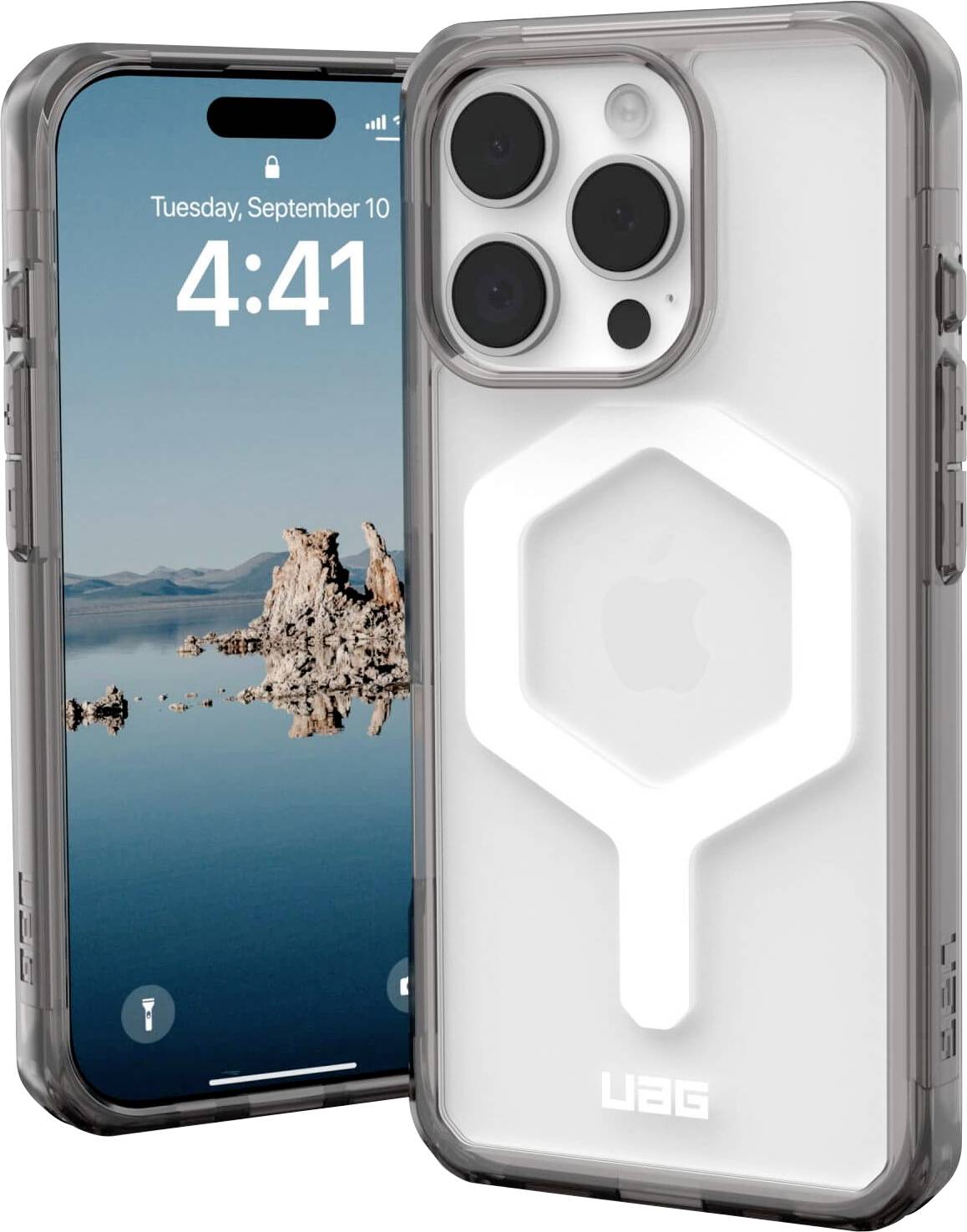 Ein Smartphone mit Hülle, angezeigter Bildschirm zeigt Datum 'Dienstag, 10. September' und Uhrzeit 4:41. Rückseite weiß mit Kameras.