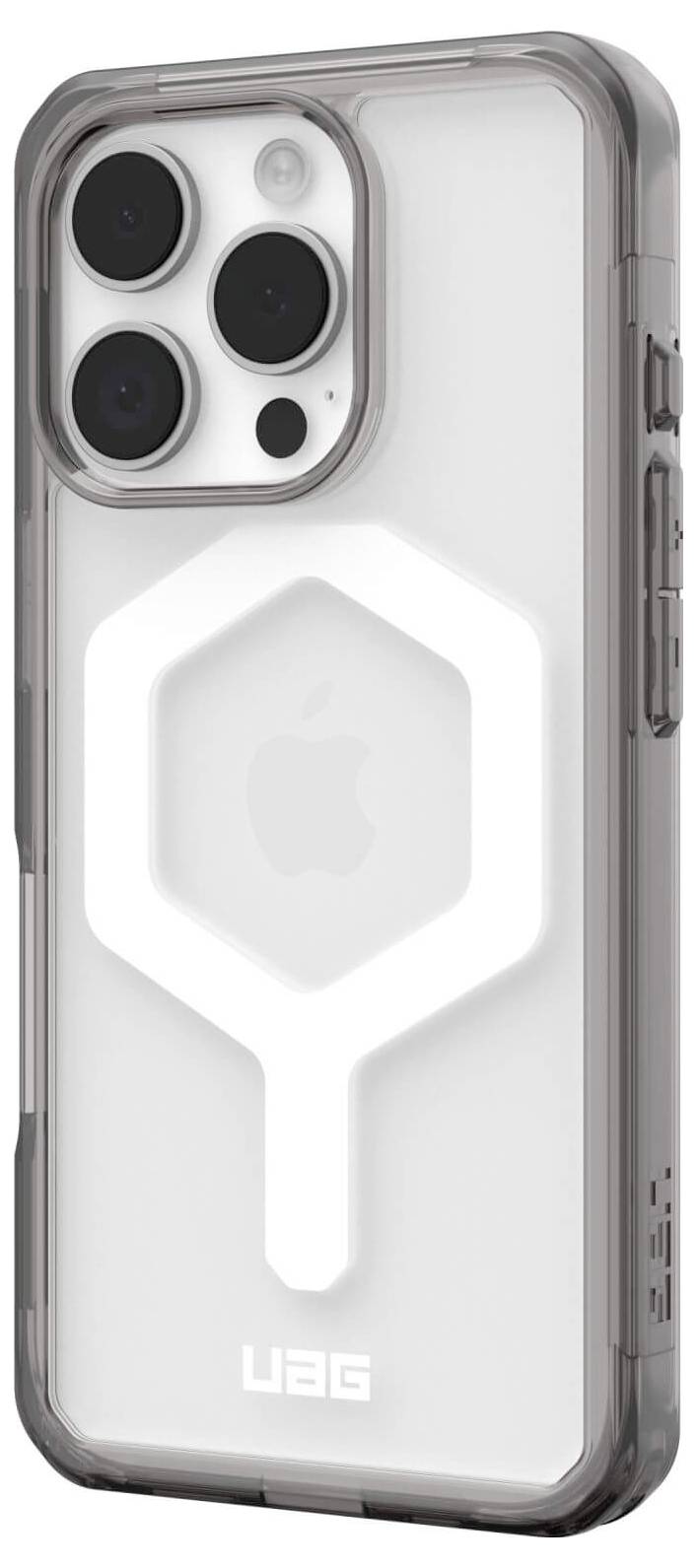 Ein iPhone mit einem UAG-Schutzgehäuse. Das Gehäuse ist transparent und zeigt deutlich die drei Kameralinsen des Telefons.