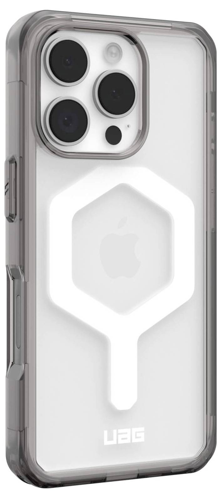 Smartphone mit transparenter Schutzhülle, zeigt Rückkamera mit drei Linsen und glänzendem Firmenlogo.