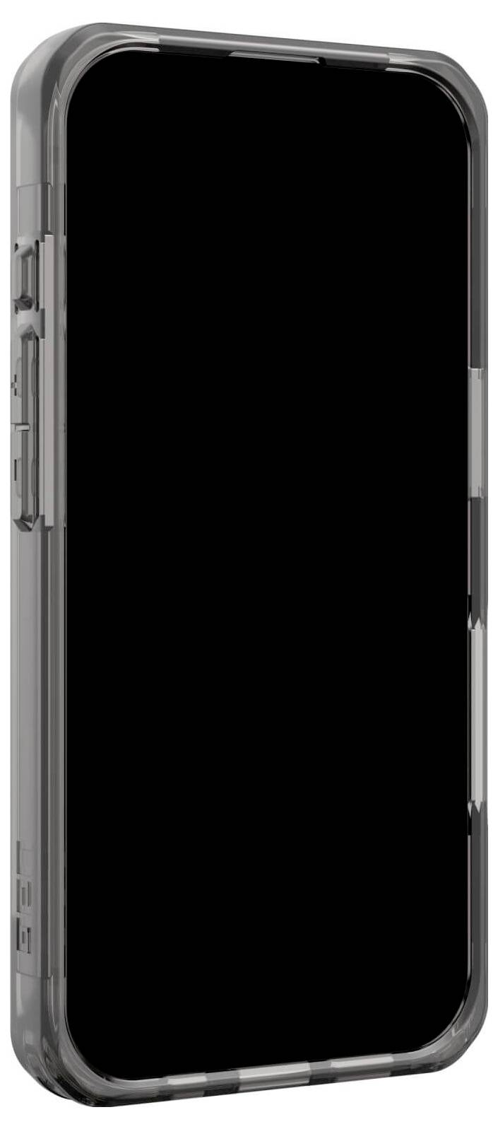 Smartphone mit schwarzem Bildschirm und schützendem Gehäuse, seitliche Ansicht.