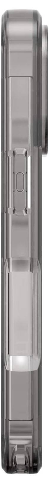 Ein graues, schlankes Mobiltelefon von der Seite gesehen, zeigt ein seitliches Knopfdesign.