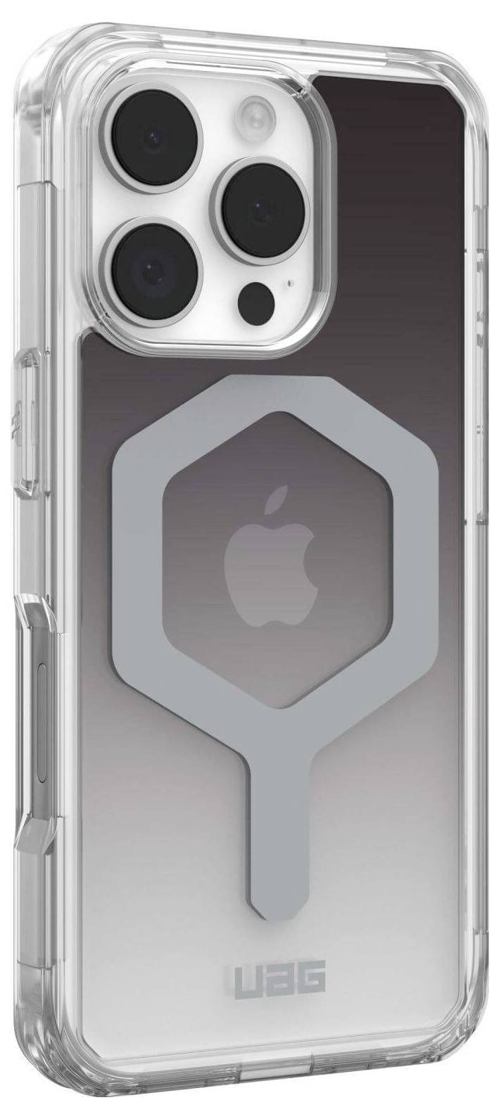 Ein durchsichtiges Smartphone-Gehäuse mit grauem, sechseckigem Design auf der Rückseite. Kamera und Logo sichtbar.