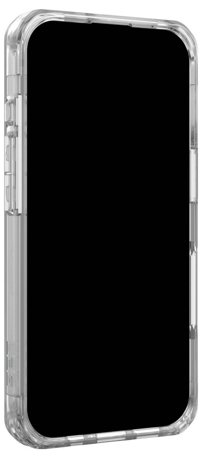 Ein silbernes Smartphone mit schwarzem Bildschirm in einer transparenten Hülle, aufrecht stehend, ohne sichtbare Marken oder Logos.