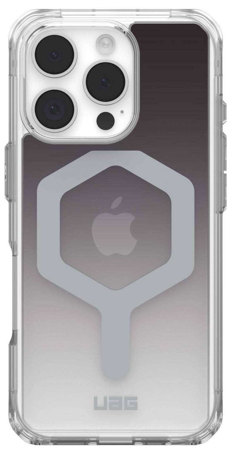 Durchsichtige Handyhülle mit drei Kameraausschnitten und einem Apple-Logo. Logo der Marke UAG unten auf der Hülle.