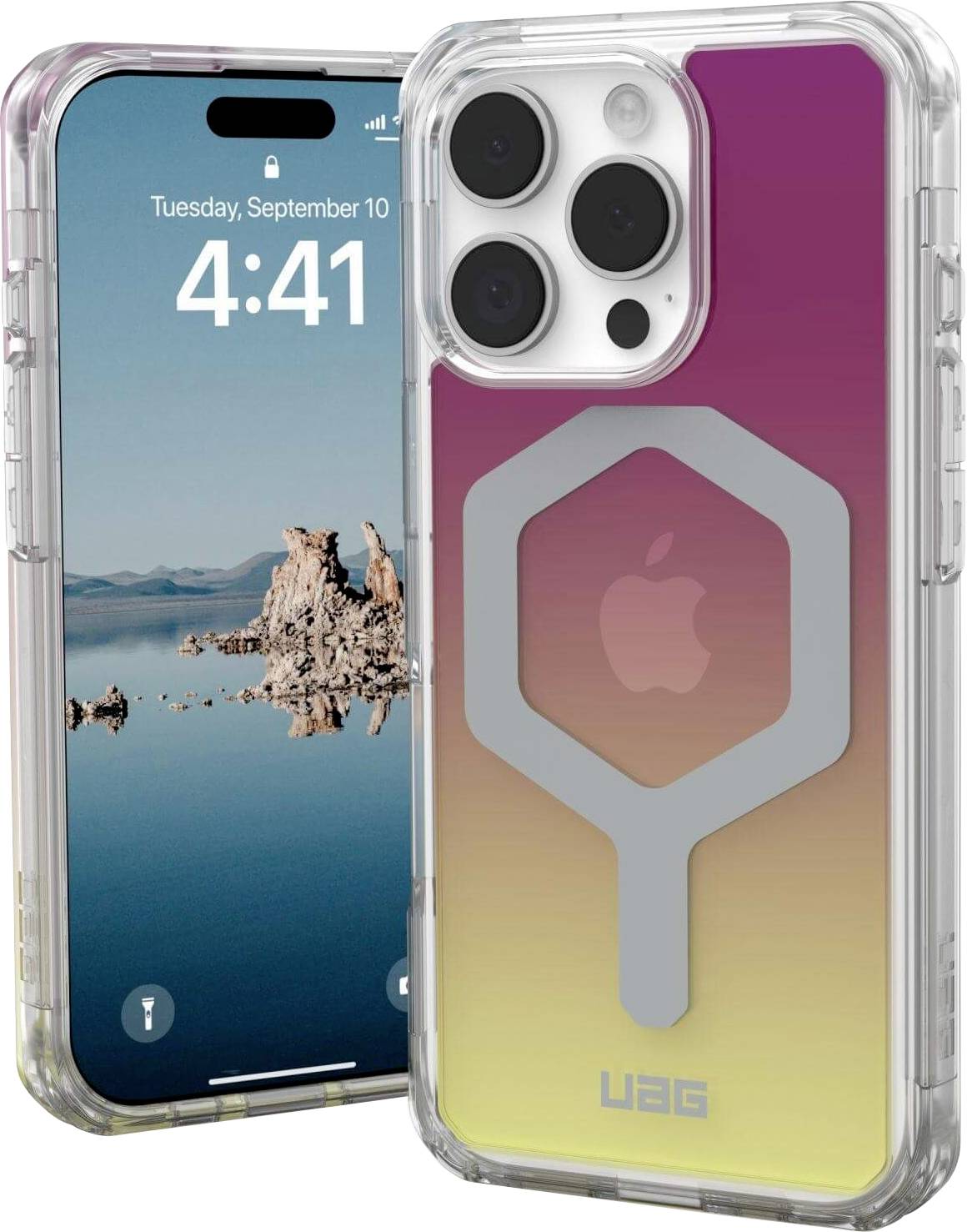 Zwei iPhones, eines zeigt die Uhrzeit 4:41 und Datum 10. September; das andere hat eine mehrfarbige Handyhülle mit Logo.