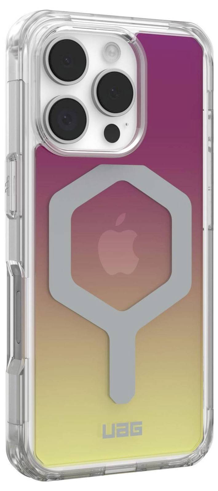 Ein Smartphone mit einer Schutzhülle in einem Farbverlauf von rosa zu gelb. Die Hülle hat eine silberne Akzentform und ein Logo.