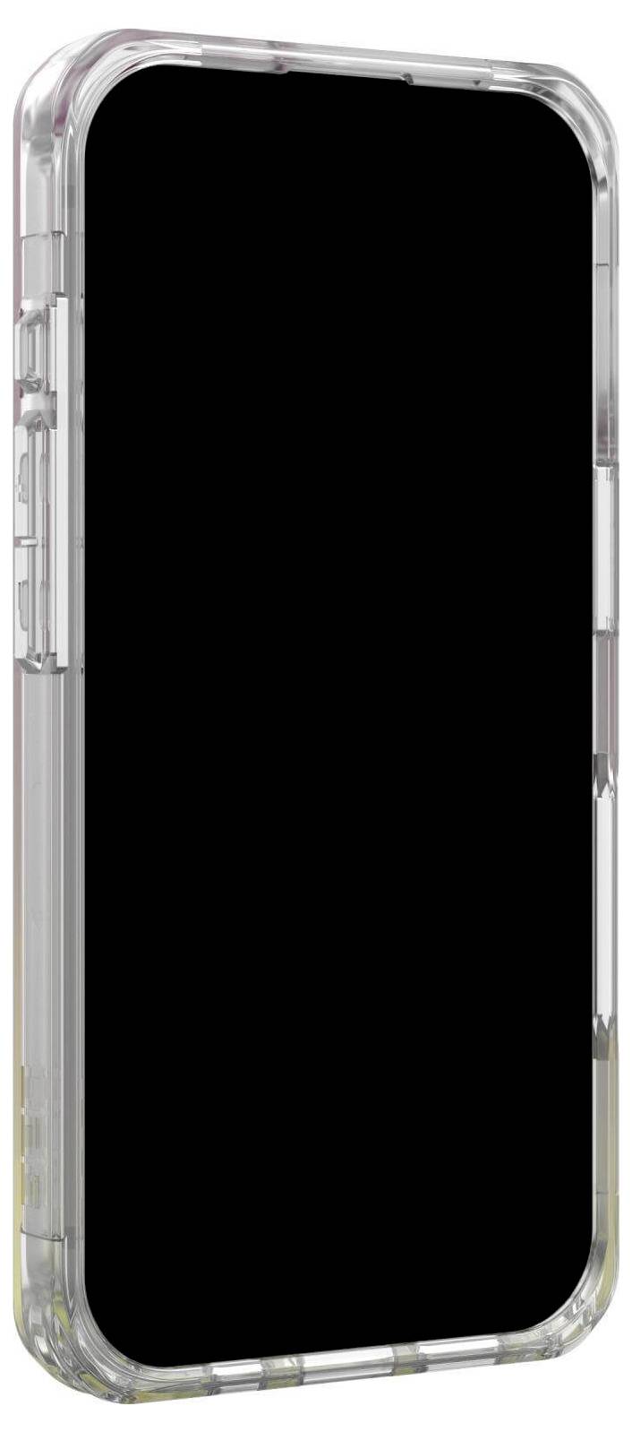 Smartphone mit durchsichtiger Hülle, Bildschirm schwarz.