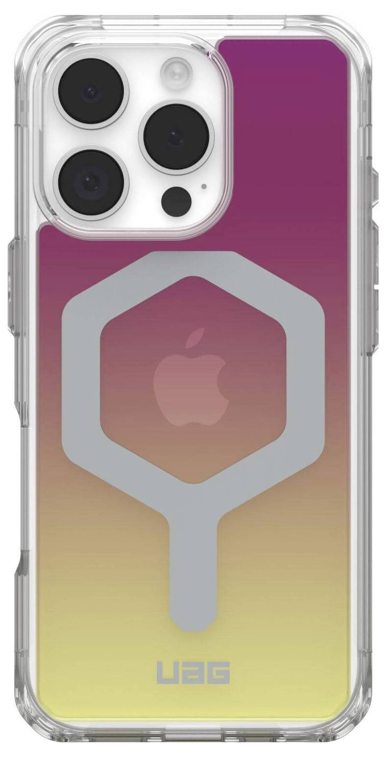 Smartphone mit dreifacher Kamera, lila und gelbem Farbverlauf, durchsichtige Hülle mit grauem Logo und kreisförmigem Ausschnitt.