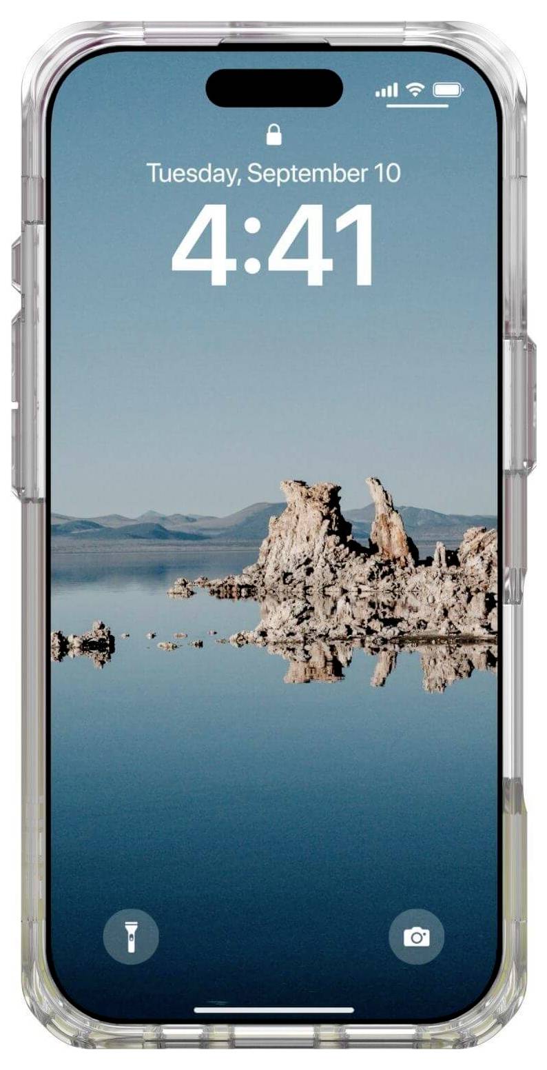 Smartphone mit Display, das Datum 'Dienstag, 10. September' und die Uhrzeit '4:41' zeigt. Hintergrundbild mit ruhigem See und Felsen.