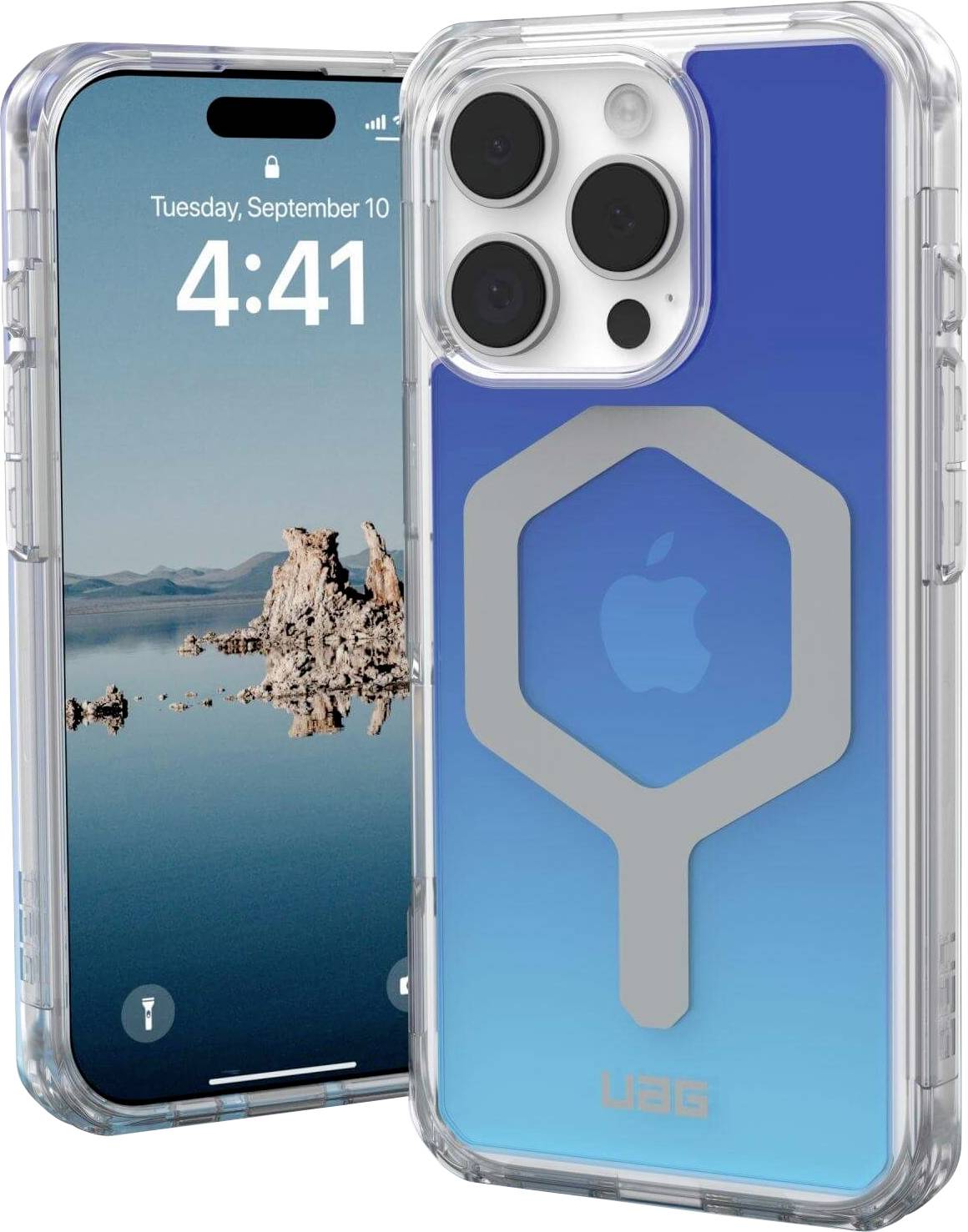 Smartphone mit blauem Schutzhülle von UAG. Das Display zeigt das Datum 'Dienstag, 10. September' und die Uhrzeit '4:41'. Im Hintergrund eine Berglandschaft.