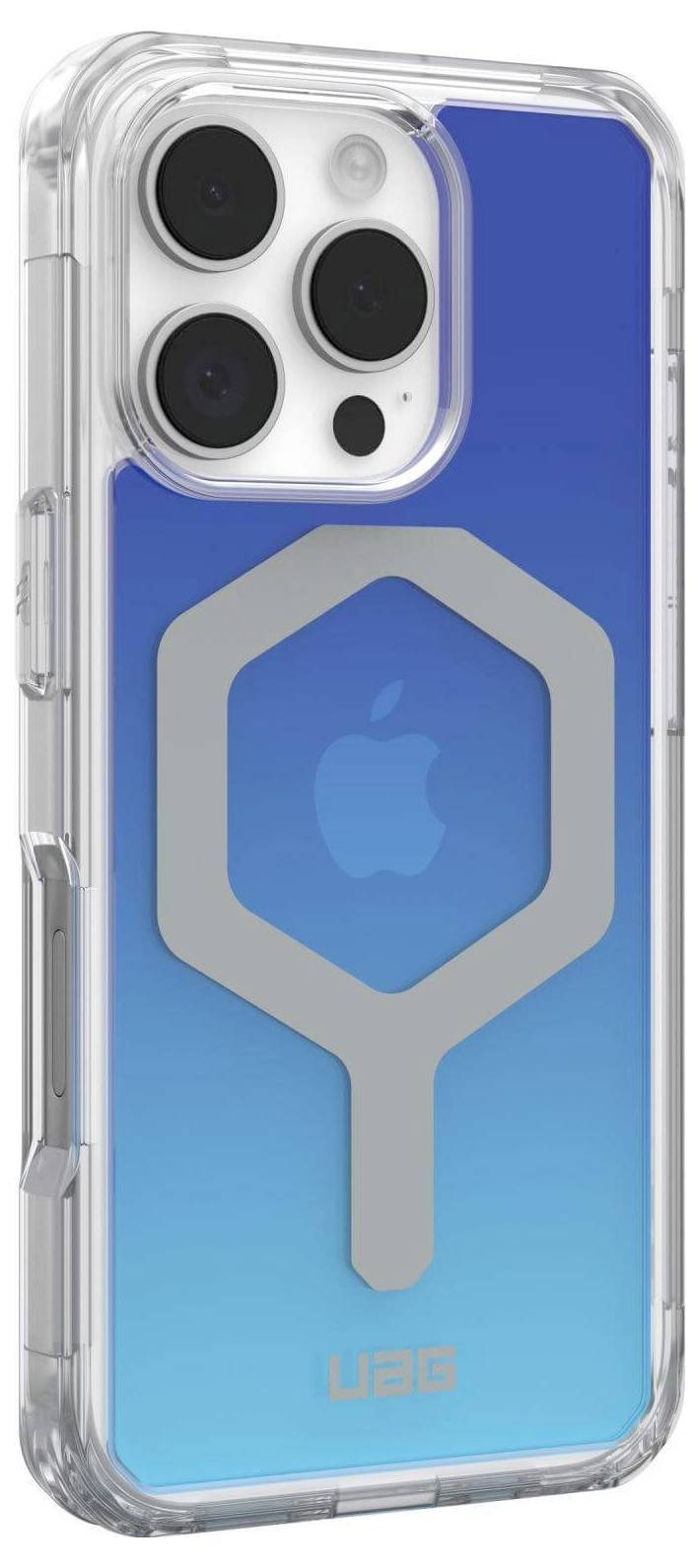 Ein blaues Smartphone-Gehäuse mit durchsichtigem Rand und einem großen, silbernen Magnetring auf der Rückseite.