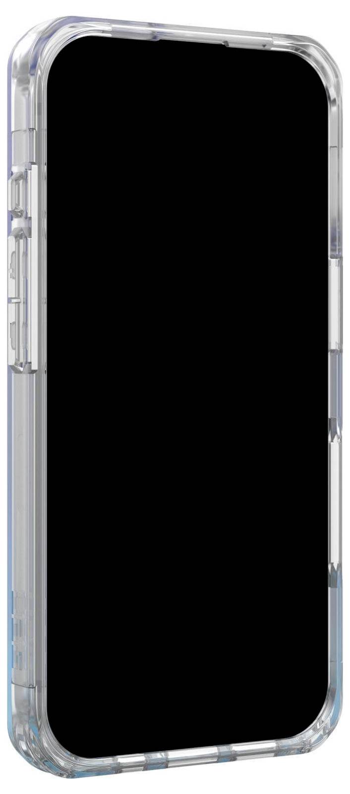 Durchsichtige Smartphone-Hülle mit dunklem Innenbereich. Die Hülle zeigt die Rückseite und die Seitenansicht.